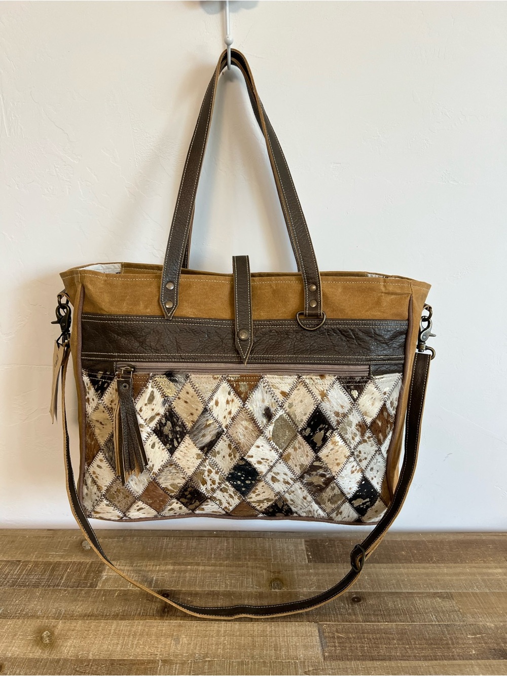 Western Cowhide Diamond Patchwork Brown Tan Leather Canvas Tote Messenger Bag